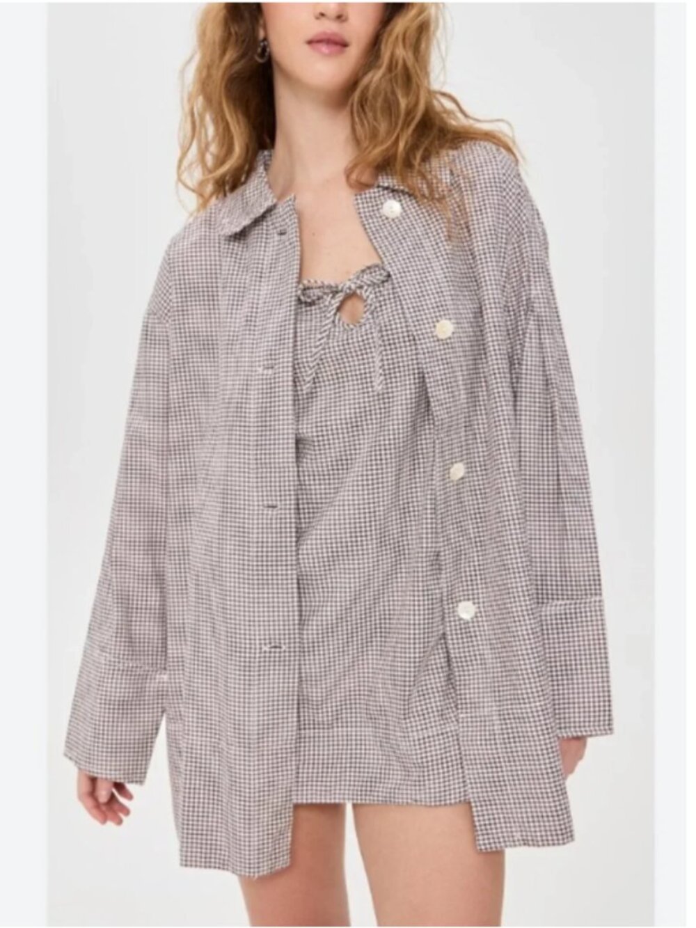 Free People Arlo Button Up Shirt Top Plaid Ivory Combo Poplin Size Medium